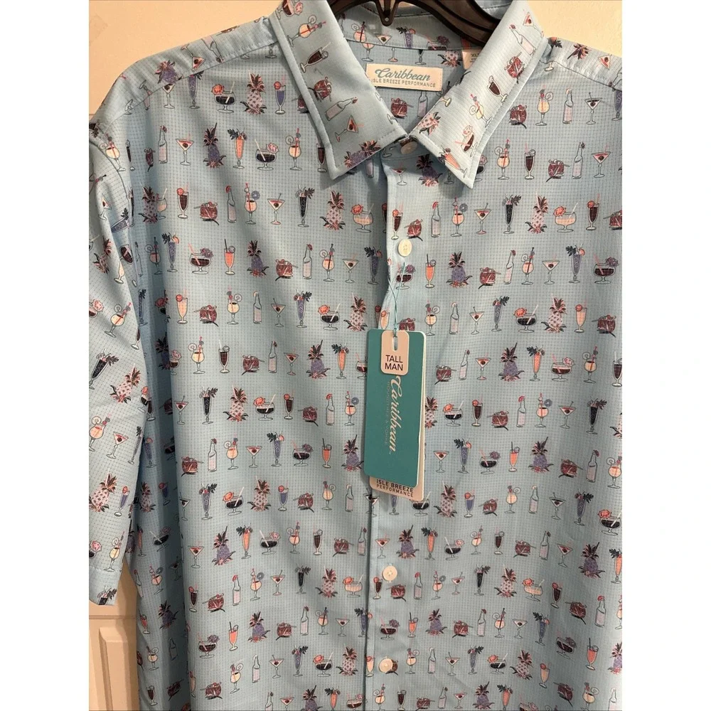 Caribbean mens SHIRT PERFORMANCE isle breeze stretch blue drinks XLT NEW $69.50‎